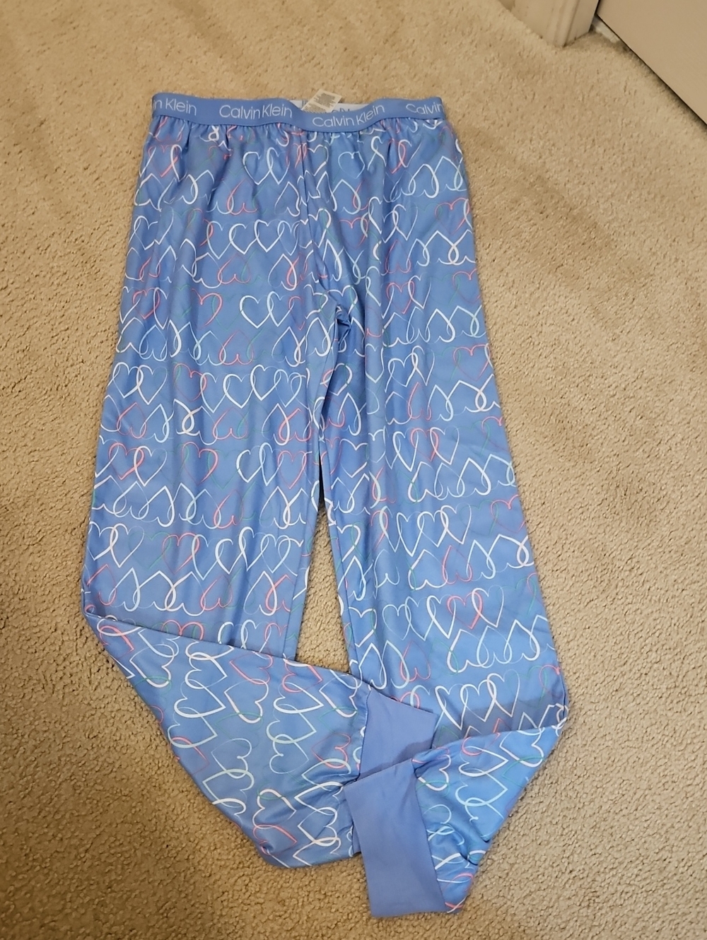 Calvin Klein Pajama bottoms blue w hearts pink white soft feel M10-12
